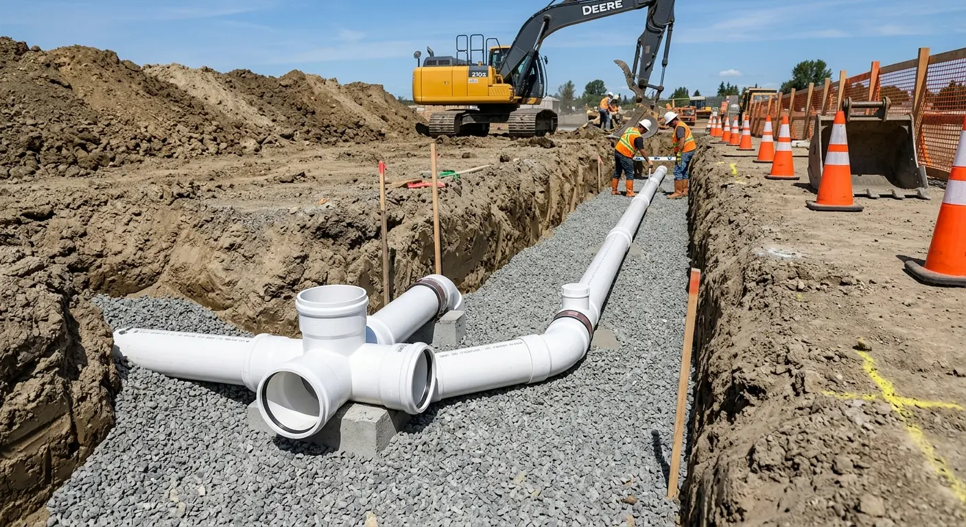 New PVC sewer pipe installation in open trench for Grease Trap Cleaning in Belle Plaine