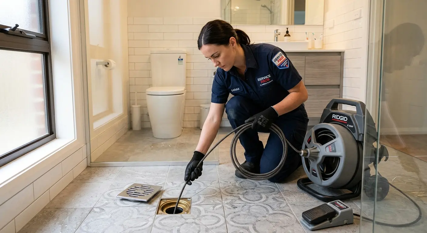 Technician clearing a bathroom floor drain for Sewer Line Installation in Belle Plaine